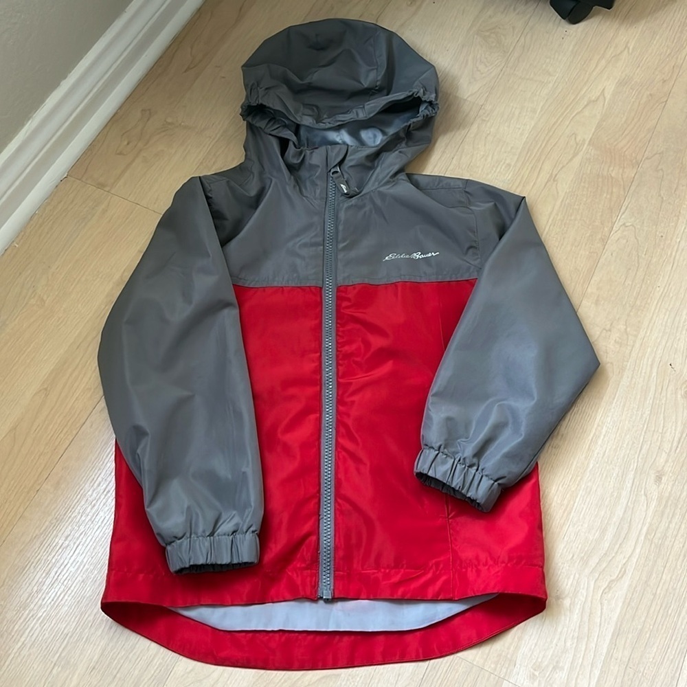 EDDIE BAUER Kids Boys Red Gray Hooded Zip Up Jacket Size XS 5/6 Lightweight